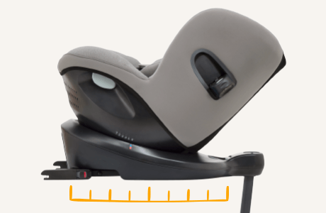Joie car seat from a side view on a car seat base with a ruler icon to show a good fit on the seat.