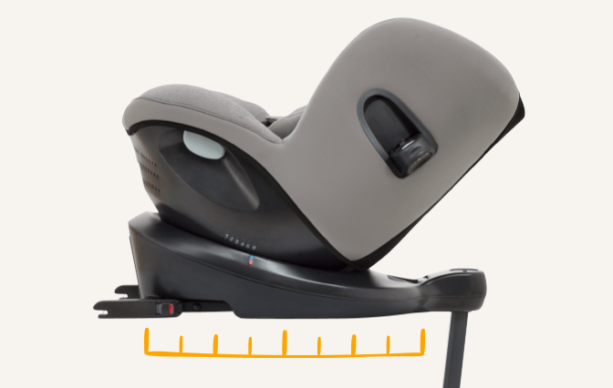 Joie car seat from a side view on a car seat base with a ruler icon to show a good fit on the seat.