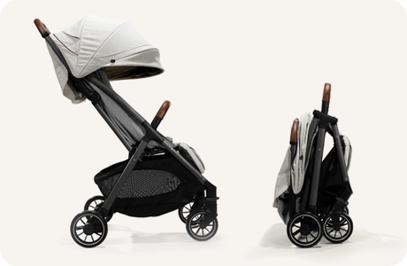 Joie parcel stroller in light gray shown from a side view fully open and as a freestanding, compact fold.